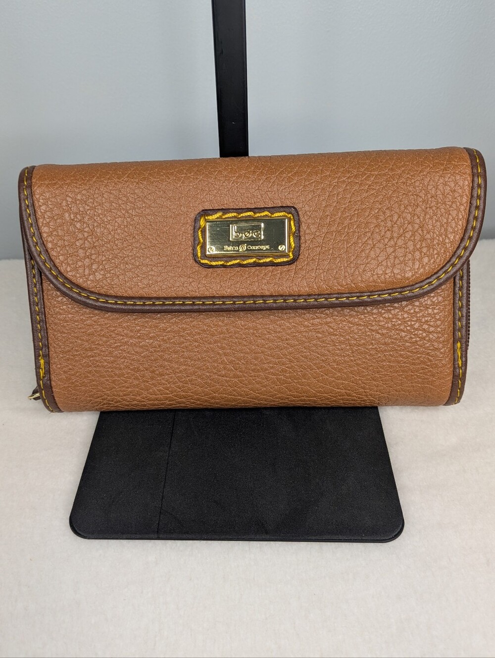 b.ø.c. Born Concept Tan Pebbled Trifold Organizer Wallet Clutch